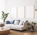 Poster mockup in bright modern room, white sofa with blue cushions and green plants on minimal background