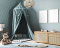 Poster mockup in child nursery room on blue interior background