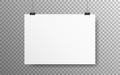 Poster mockup horizontal. Empty A4 hanging on a wall. White paper with on transparent backdrop. Realistic template with