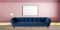 Poster mockup light blue sofa simple pink living room interior. Real photo.
