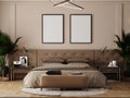 Poster mockup tow frame modern bedroom interior picture in minimalist style with wooden frames Royalty Free Stock Photo