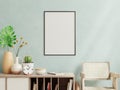 Poster mockup with vertical frame on empty dark blue wall in living room interior Royalty Free Stock Photo