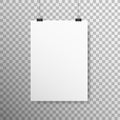 Poster mockup vertical. White empty paper with clips. Realistic sheet hanging on light wall. A4 blank on transparent