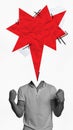 Poster. Modern aesthetic artwork. Negative emotions clouded mind. Aggressive young man with red speech bubble instead of Royalty Free Stock Photo