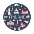 Poster in a modern flat style with famous symbols and landmarks of Finland