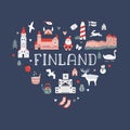 Poster in a modern flat style with famous symbols and landmarks of Finland Royalty Free Stock Photo