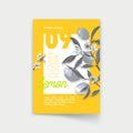 Poster with Monochrome Lemon Fruits, Flowers and Leaves on Branches. Farm Products Shop, Organic Natural