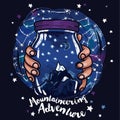 Poster for mountaineering with magical jar in hands and starry sky