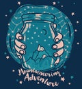 Poster for mountaineering with magical jar in hands and starry sky