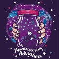 Poster for mountaineering with magical jar in hands and starry sky
