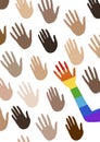 Poster with multi ethnic group hands and telling about gender equality. The flag of the spectrum of pride, homosexuality, the embl