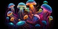 poster of multiple vibrant neon surreal jellyfish abstract dreamy marine medusa