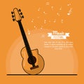 Poster music festival in orange background with acoustic guitar