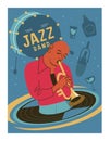 Poster music festival, retro party in the style of the 70`s, 80`s. The musician plays the trumpet. Jazz music. Vector illustration