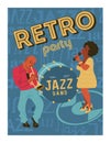 Poster music festival, retro party in the style of the 70`s, 80`s. Jazz party. Afro musician plays the trumpet. Afro woman singing Royalty Free Stock Photo