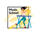 Poster for music schools or concert. Woman playing on synthesizer. Female musician. Female musician keyboardist. Vector