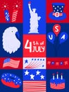 Poster with national symblos of USA independence day. Greeting card for 4th of July. Eagle, flag, donut, hat. Patriotic