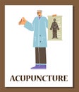 Poster about needle treatment and acupuncture, flat vector illustration