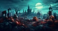 horror holiday night moon pumpkin cemetery bat grave halloween dark. Generative AI.