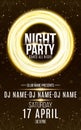 Poster for night dance party. Gold round banner of luminous neon swirling lines. Name of club and DJ. Night party flyer. Plexus ba Royalty Free Stock Photo