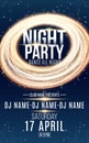 Poster for night dance party. Gold round banner of luminous neon swirling lines. Name of club and DJ. Night party flyer. Blue plex Royalty Free Stock Photo