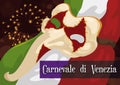 Italian Night in Venice Carnival with Zanni Mask and Flag, Vector Illustration