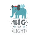 Poster for nursery decor with blue big elephant in red hat. Royalty Free Stock Photo