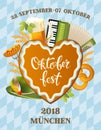 Poster for oktoberfest festival. Beer set with tap, glass, hop branch with leaf, barrel. Vintage vector color engraving