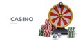 Poster for online casino. Realistic wheel of fortune, stacks of poker chips, gambling dice