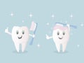 A poster about daily oral hygiene. Funny cute character - white healthy tooth, which washes and brushes itself with toothpaste and