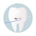 A poster about daily oral hygiene. Funny cute character - white healthy tooth, which washes and brushes itself with toothpaste and