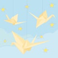 Poster with origami cranes on the background of the night sky and stars. clouds and stars.