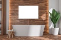 Poster and oval black bathtub in modern bathroom with wood look tiles Royalty Free Stock Photo