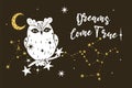 Poster with an owl, stars and the inscription Dreams Come True. Vector graphics