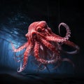A poster painting for an red octopus with a dark background illustration