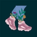 A poster of a pair of female legs in sneakers. Fashionable sports shoes. Stylish shoes, running shoes and flowers