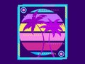 Poster with palm trees and retro sun in a futuristic style. Cyber punk frame. Silhouettes of palm trees in synthwave style. Design Royalty Free Stock Photo