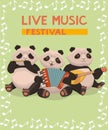 Poster with pandas to the music festival. Three pandas play musical instruments. Vector banner template