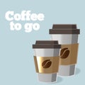 Poster with paper cup of coffee in cartoon style lettering coffee