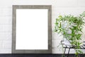 Poster or photo frame and beautiful plant in concrete pot. Scandinavian style room interior Royalty Free Stock Photo