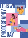 Poster for Photography day with cartoon photographers vector illustration.