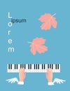 Poster for piano concert. Abstract text. Winged hands above piano keys and falling pink viburnum leaves on sky blue background