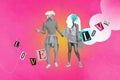 Poster picture collage of beautiful couple celebrate wedding day isolated on drawing pink background Royalty Free Stock Photo