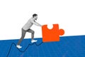 Poster picture image of funky strong guy push huge puzzle solve problem trouble isolated drawing background