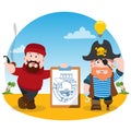 The poster for the pirate party. The leaflet with the captain and fisherman. Cartoon illustration for gaming mobile applications Royalty Free Stock Photo