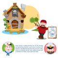 The poster for the pirate party. The leaflet with the sailor, the captain and fisherman. Cartoon illustration for gaming mobile Royalty Free Stock Photo