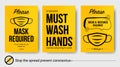 Poster please Mask required. To avoid coronavirus. Set posters. Vector yellow illustration. For your safety and our safety first