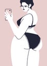 Poster with a plump girl in underwear. A young woman takes a selfie. The white female body in black lingerie