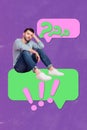 Poster pop collage of man sit speech bubble with exclamation question marks on purple background Royalty Free Stock Photo