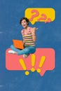 Poster pop collage of man use netbook point speech bubble with exclamation question marks on blue background Royalty Free Stock Photo
